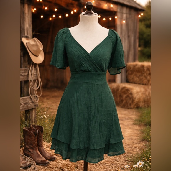 As U Wish Dresses & Skirts - Emerald Green Chiffon Mini Dress Romantic Feminine Dress • Size Small